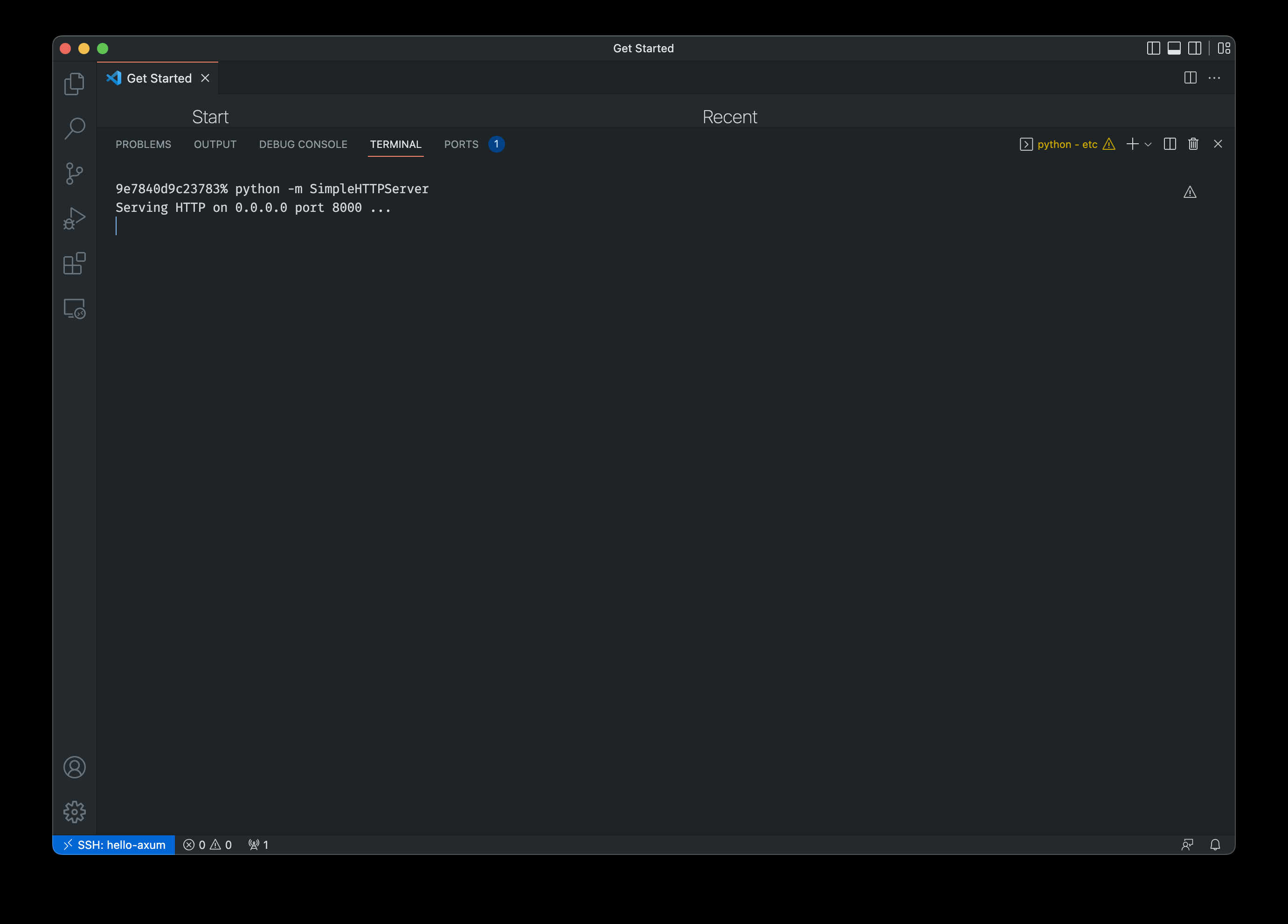 vscode screenshot, running python's SimpleHTTPServer in the built-in terminal. It says it's listening on port 8000