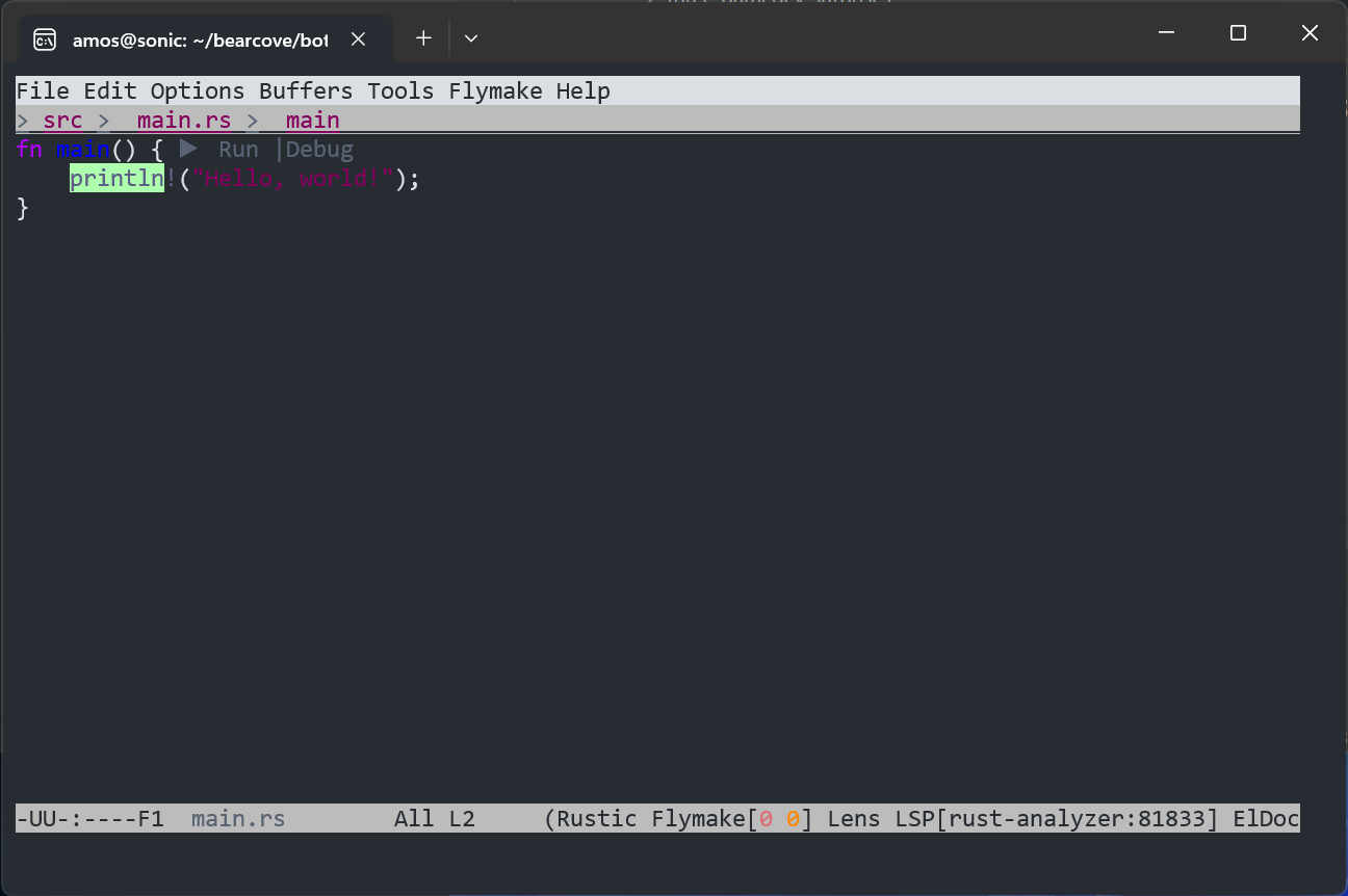 Windows Terminal screenshot showing emacs open on a Rust hello world source file