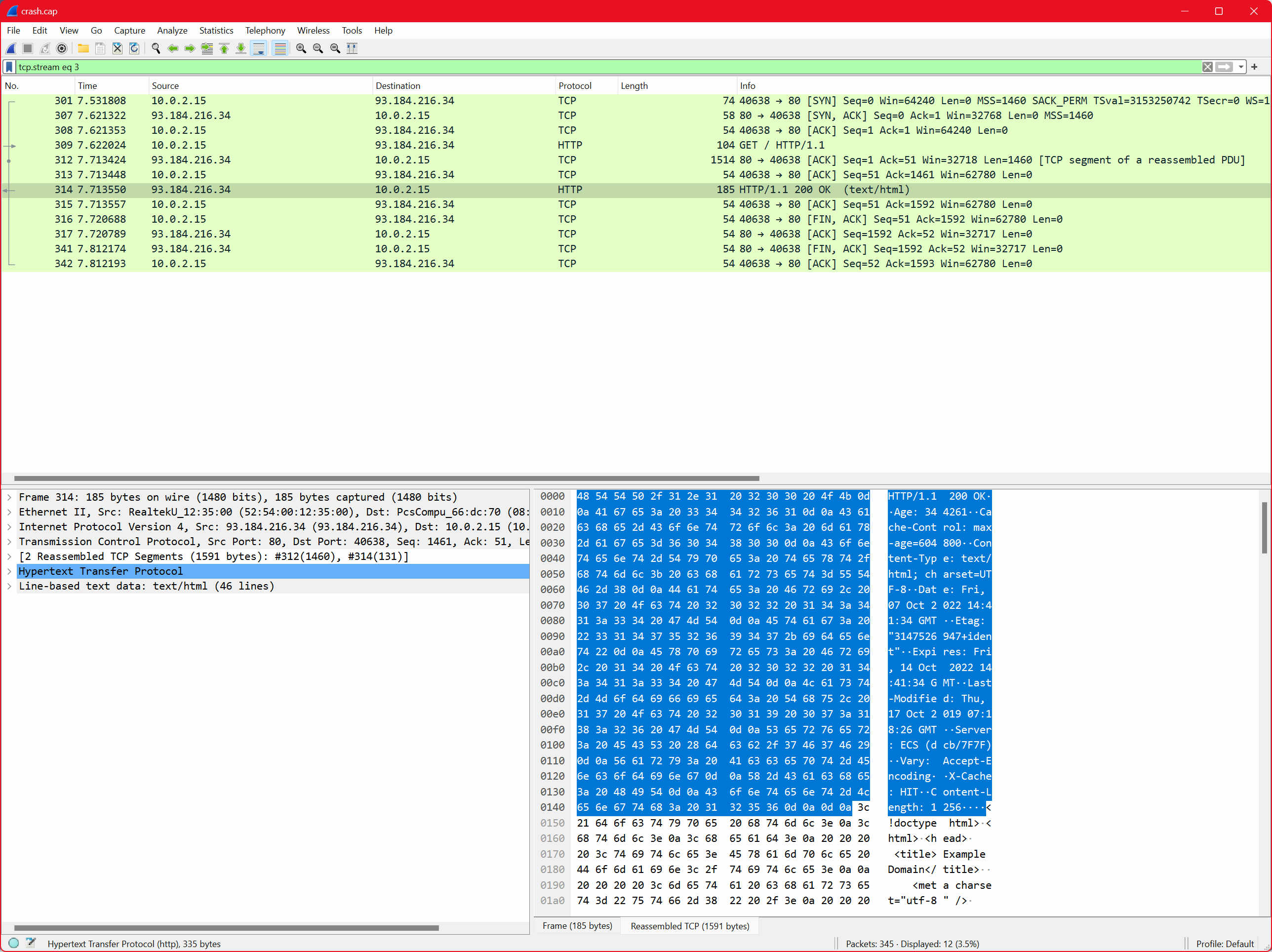 Wireshark capture showing a plaintext HTTP request