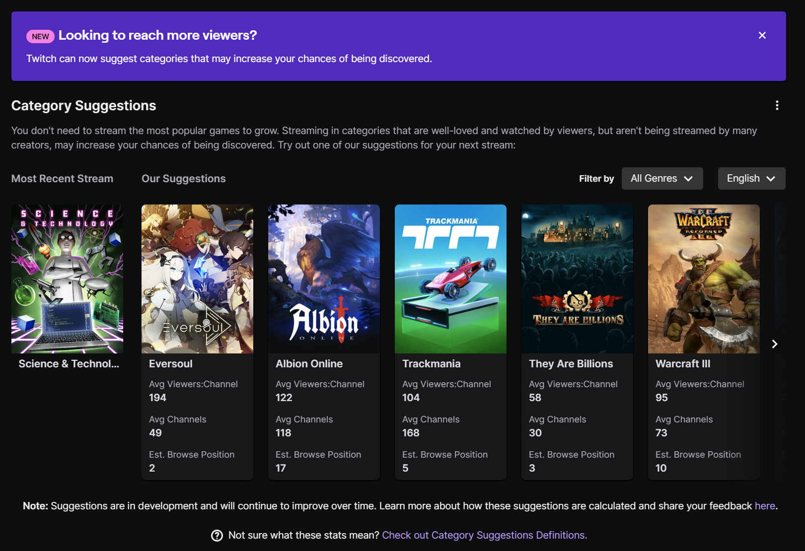 Twitch is suggesting Eversoul, Albion Online, Trackmania, They Are Billions, and Warcraft III