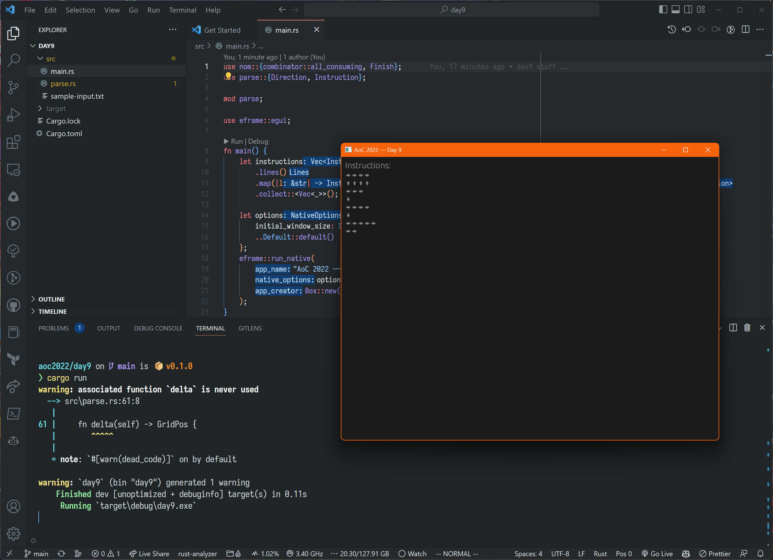 Screnshot showing VS Code with the code we mentioned, and an eframe/egui window showing an Instructions header, and some arrows as the instructions