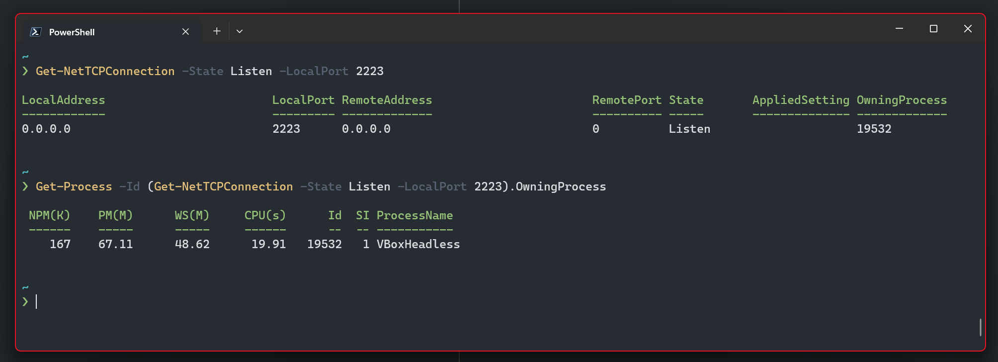 Get-NetTCPConnection -State Listen -LocalPort 2223 and Get-Process -Id (previous command).OwningProcess show that VBoxHeadless is listening on port 2223 on address 0.0.0.0