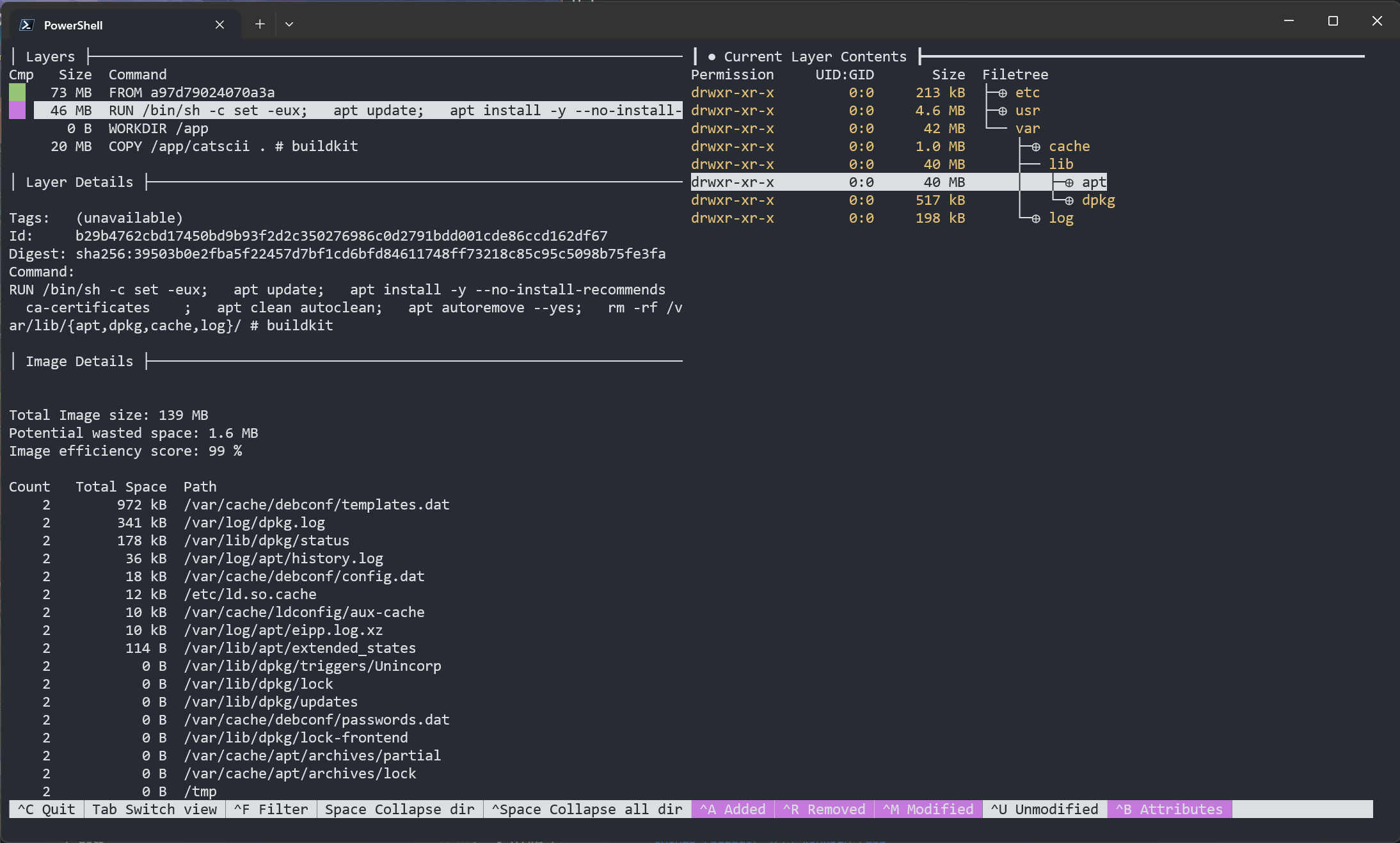 Terminal screenshot, shows the dive text-based UI. On the left there's a panel that shows various layers. The focused layer is the one that installs runtime dependencies. On the right is a panel with the current layer contents. The var folder is 42MB, which is suspicious